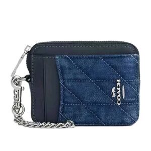Coach Quilted Denim Zip Card Case Chain Wallet Blue NWT